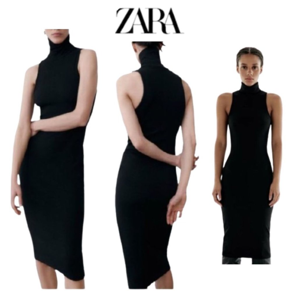 NWT Zara Ribbed Sleeveless Turtleneck Midi Dress in Black Size S